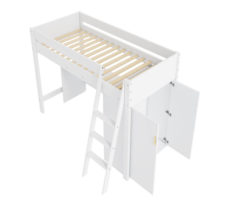 Lit Mezzanine Enfant Blanc 90x200 Avec Échelle, Bureau Et Armoire Pour Chambre