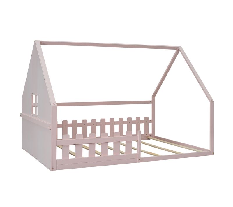Lit Enfant Cabane Rose 140x200 Cm Avec Barrières, Structure En Bois