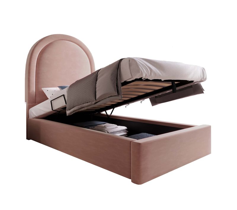 Lit Enfant Coffre Rose En Velours 90x200 Cm Avec Tête De Lit Arc