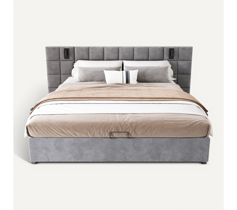 Lit Coffre Rembourré Gris 160x200 Avec Lampe De Lecture Orientable Et USB