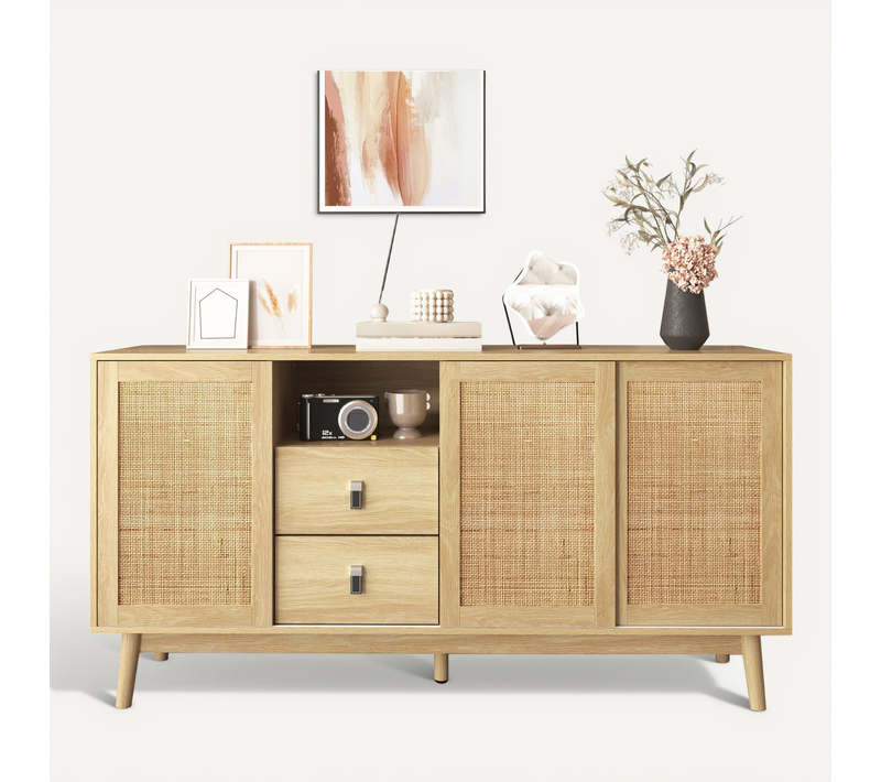 Buffet 155 Cm Avec Portes Coulissantes En Rotin Et 2 Tiroirs Coloris Bois