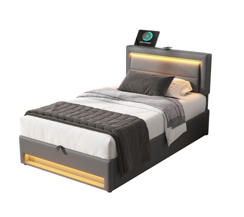 Lit Rembourré 90x190 Cm Avec Ports USB, LED Et Rangement Gris