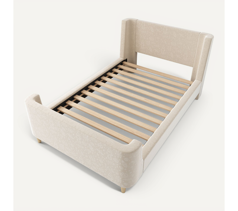 Lit Rembourré 90x200 Cm Avec Structure Schlittenbett Tissu Velours Beige
