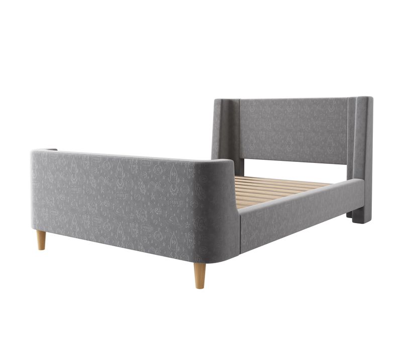 Lit Enfant Gris En Velours 90x200 Cm Avec Motifs Espace, Sans Matelas