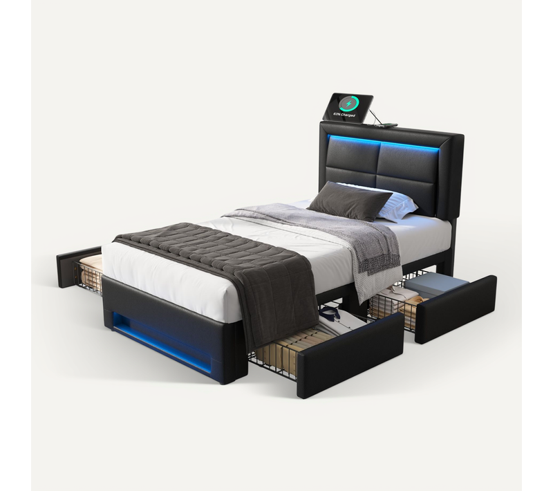 Lit Simple 90x190 Cm Avec 4 Tiroirs Et Ports USB éclairage LED Noir