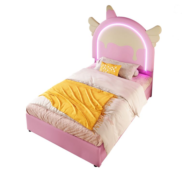 Lit Capitonné Rose 90x200 Cm Avec Éclairage LED Et 2 Tiroirs Pour Chambre D’enfant