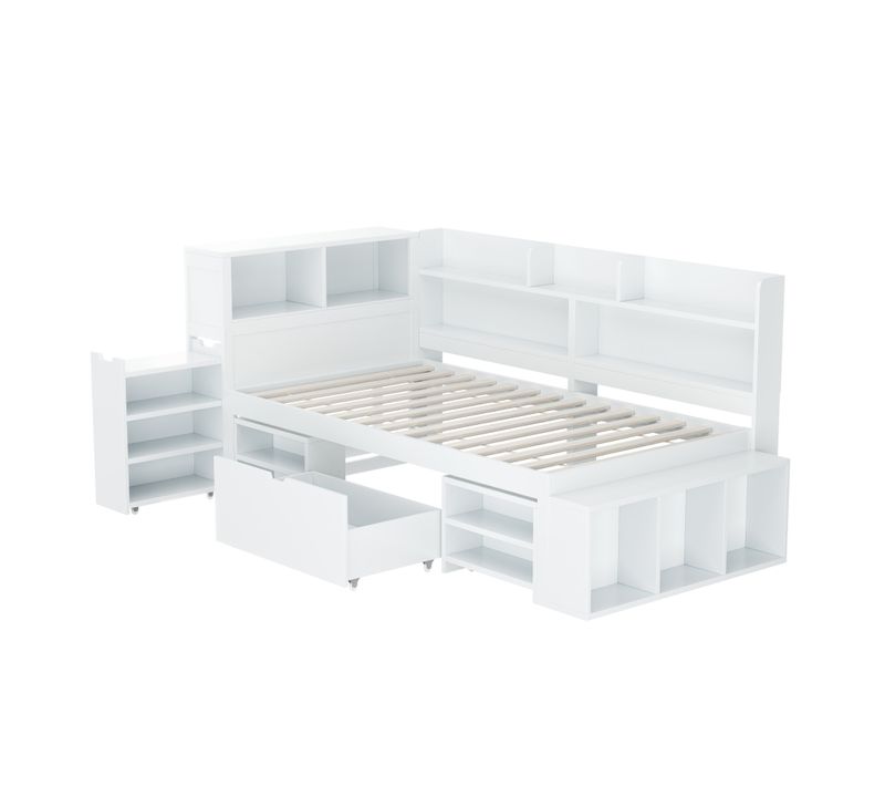 Lit Enfant Blanc 90x200 Cm Avec Tiroir, Étagères Et Rangements