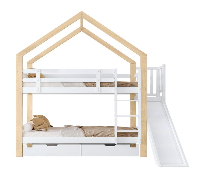 Lit Superposé 90x200 Cm Avec Toboggan Style Maison