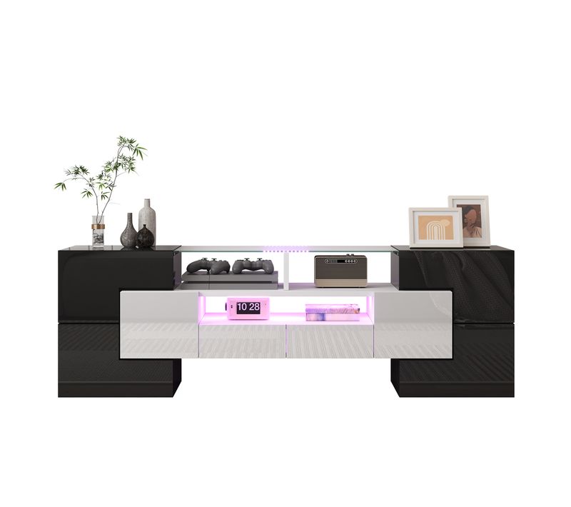 Meuble TV Blanc Brillant Et Effet Béton 145 Cm Avec LED Pour Salon