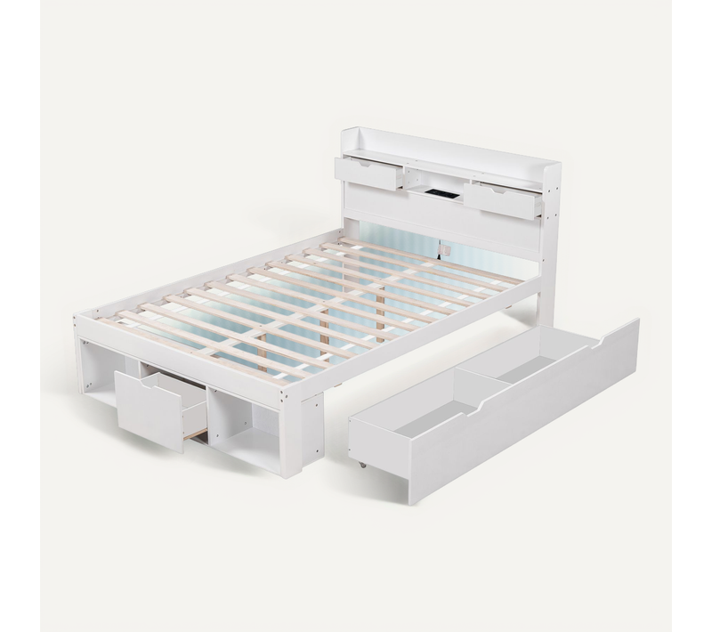 Lit 140x190 Cm Blanc Avec Ports USB/type-c Et Rangements, Pour Chambre Enfant/ado
