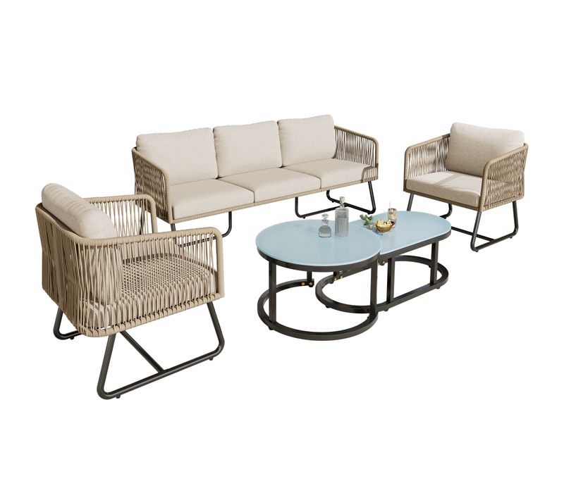 Salon De Jardin 5 Pièces Avec Structure En Fer Galvanisé Beige