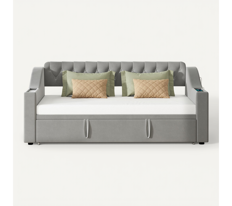 Canapé-lit Capitonné Gris 90x190 Cm Extensible 180x190 Cm Pour Chambre