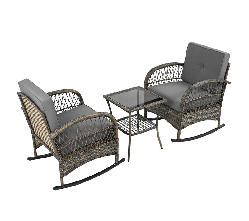 Salon De Jardin 3 Pièces Avec Fauteuils à Bascule Et Table En Verre Trempé Gris