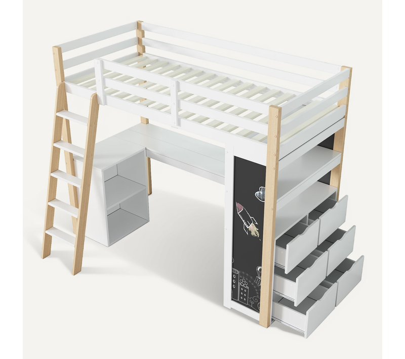 Lit Mezzanine Enfant Blanc Et Naturel 90x200 Avec Bureau Et Rangements