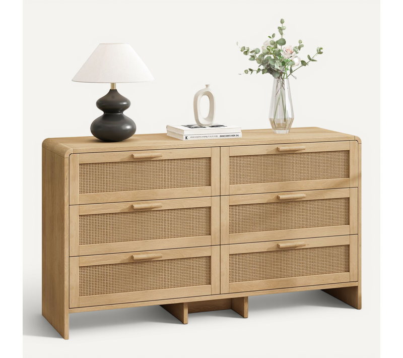 Commode 130 Cm Avec 6 Tiroirs En Rotin Et Structure En Panneaux De Particules Naturel