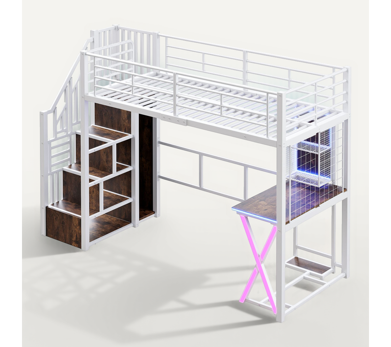 Lit Mezzanine Blanc 90x200 Cm Avec LED, Bureau, échelle De Rangement Et Armoire