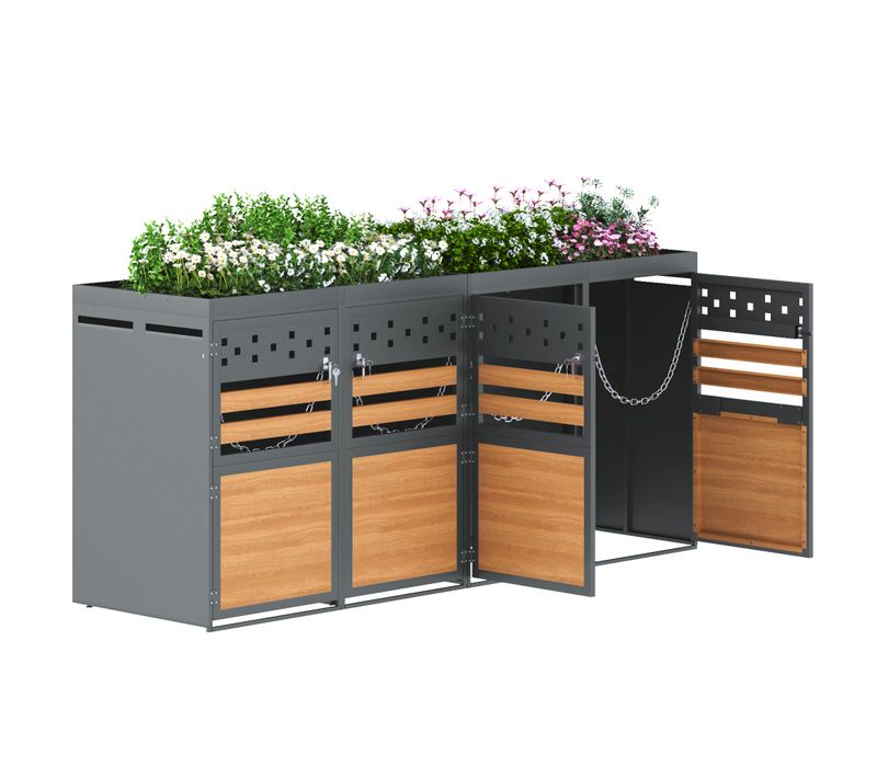 Cache-poubelles 4 Bacs 120-240 L Avec Toit De Plantation En Acier Galvanisé Anthracite
