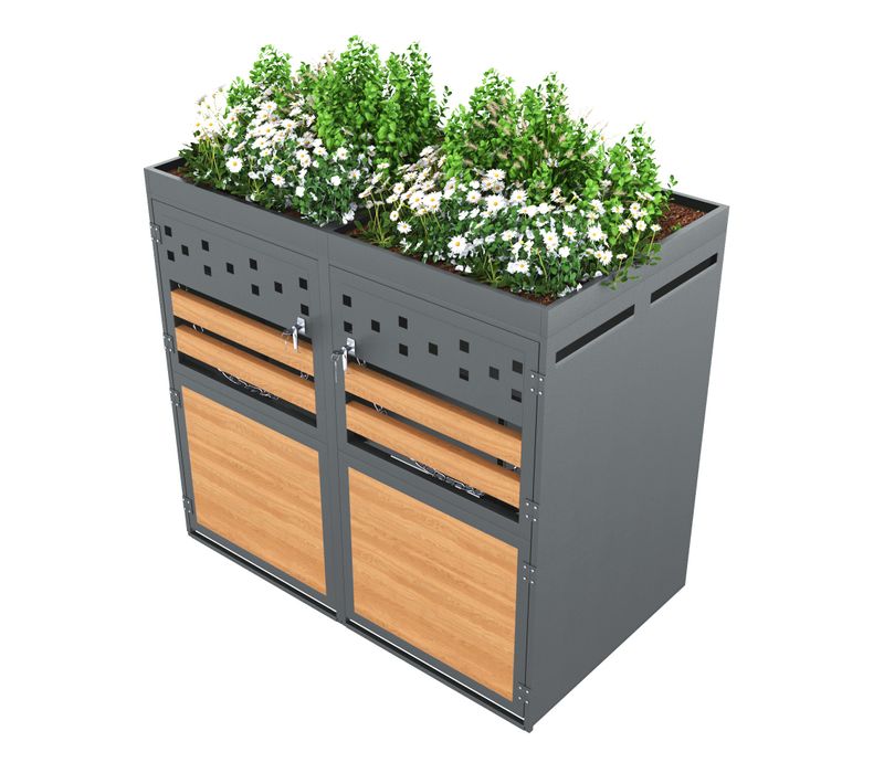 Cache-poubelles 2 Bacs 120-240 L En Acier Galvanisé Avec Toit à Planter, Anthracite