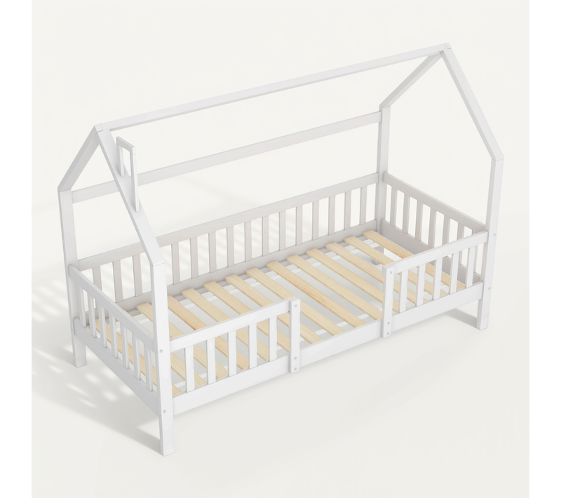 Lit Cabane Enfant Blanc 90x200 Cm Avec Toit Et Barrière Pour Chambre