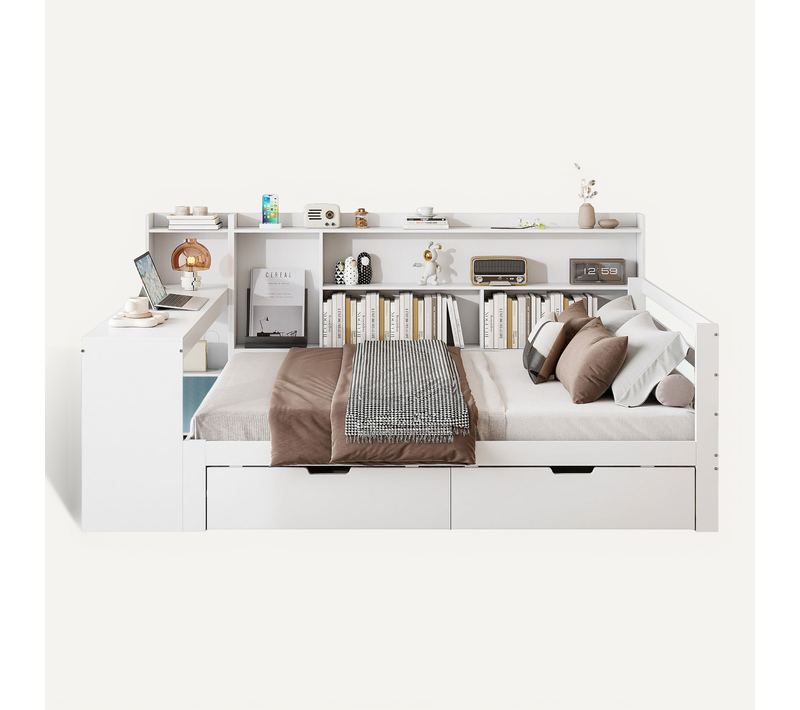 Lit Multifonction Blanc 140x200 Cm Avec Bureau, Rangements Et Prise
