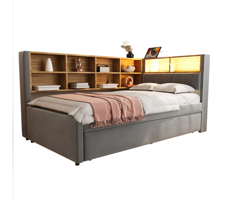 Canapé-lit Flanelle Gris Foncé 90x200 Avec Lit Gigogne 90x190 Pour Chambre