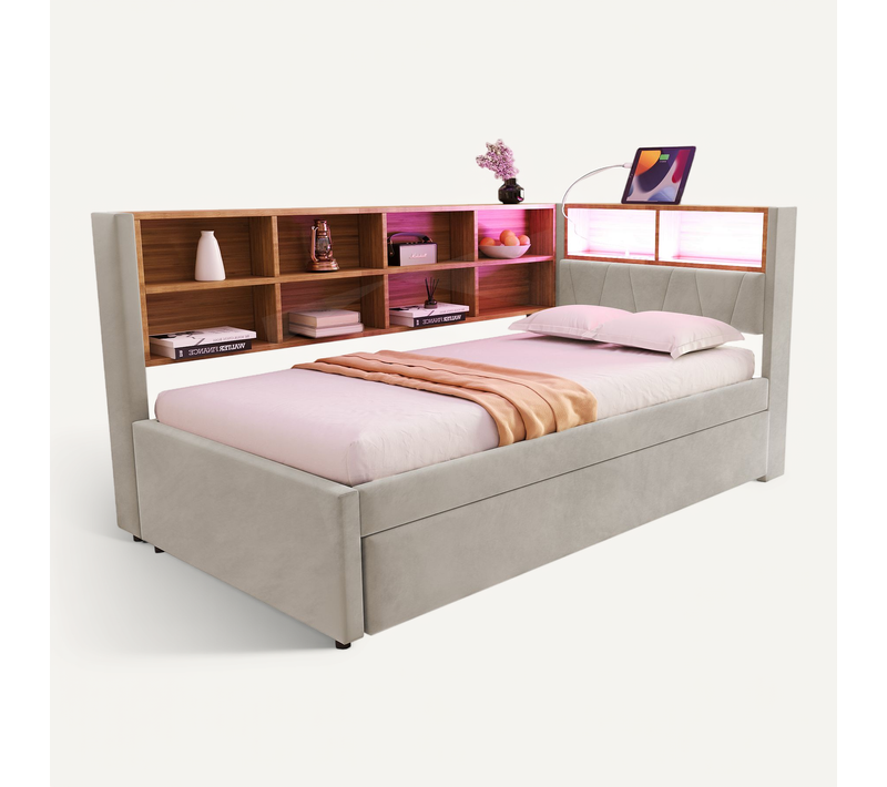 Canapé-lit Gigogne Gris Clair 90x200 Cm Avec LED Et Ports De Charge Pour Chambre