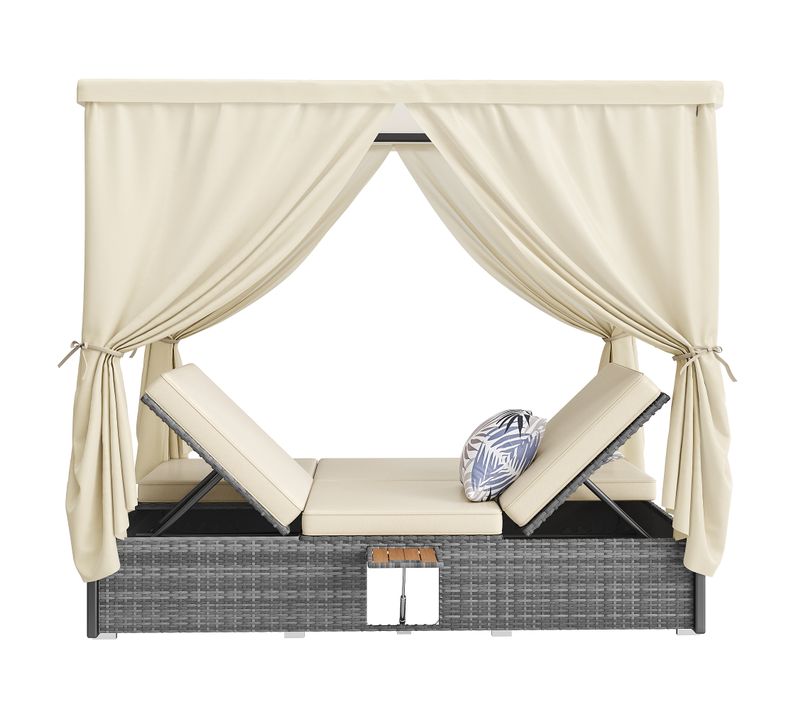 Bain De Soleil Double 187 Cm Avec Structure En Métal Et Rideau Beige