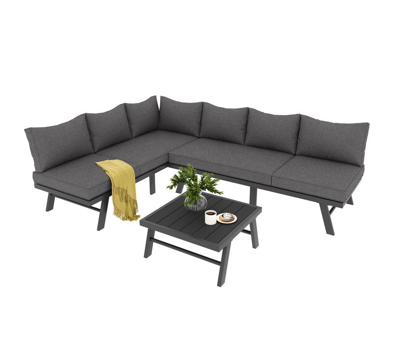 Salon De Jardin Avec Structure En Fer, 1 Table Et Coussins Gris