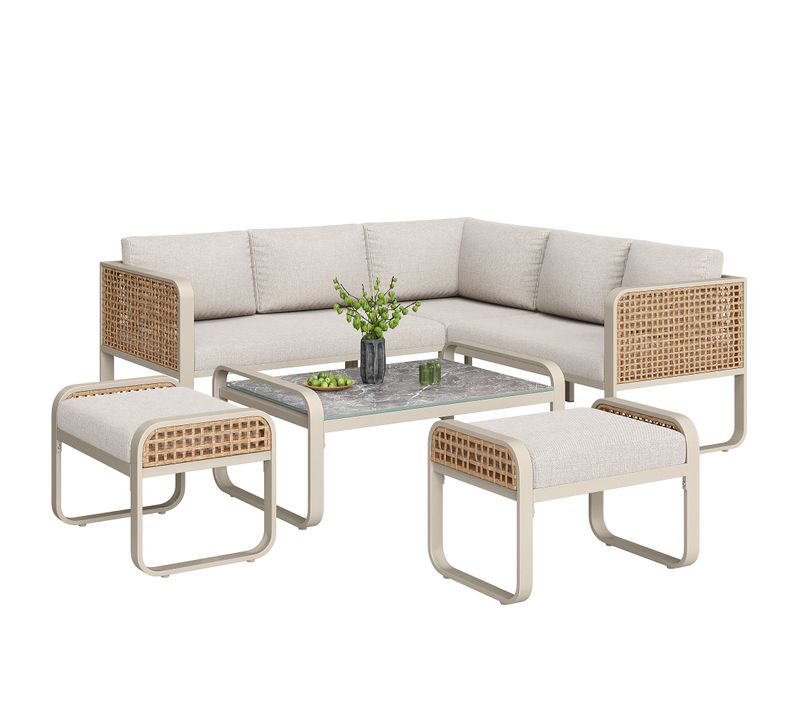 Salon De Jardin 6-7 Places En Rotin Avec Structure En Fer Galvanisé Beige