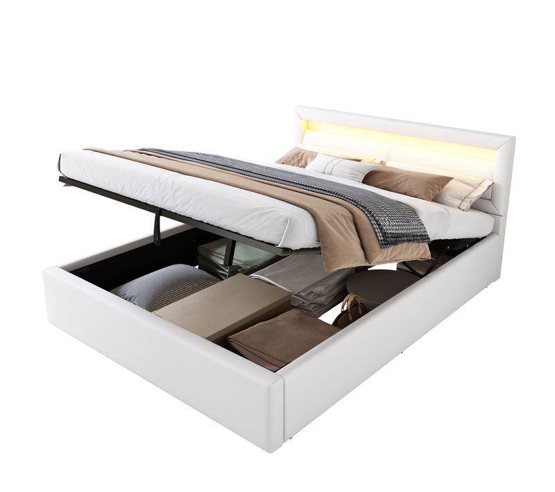 Lit Coffre 140x190 Cm Avec Sommier à Lattes Relevable Simili Cuir Blanc