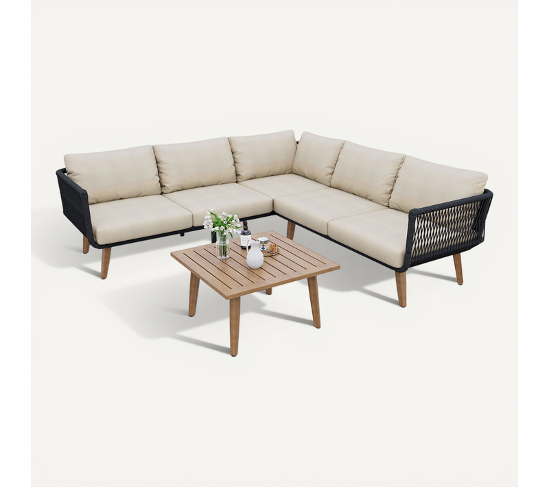 Salon De Jardin Sofa Avec Table Basse En Acier Galvanisé, Beige Et Noir