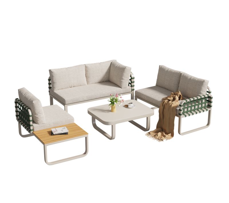 Salon De Jardin 4 Pièces Avec Structure En Fer Galvanisé Coloris Crème Abricot