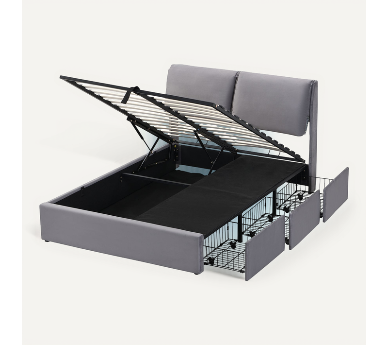 Lit Tapissé Gris 140x190 Cm Avec Coffre Hydraulique Et 3 Tiroirs De Rangement