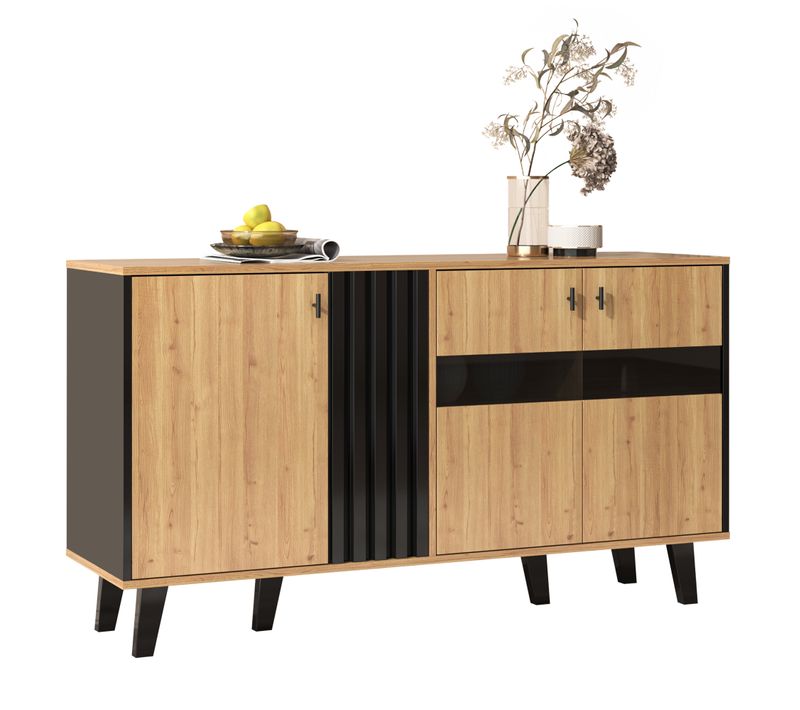 Sideboard Bois Naturel Et Noir 140 X 78,5 X 41 Cm Avec Rangement