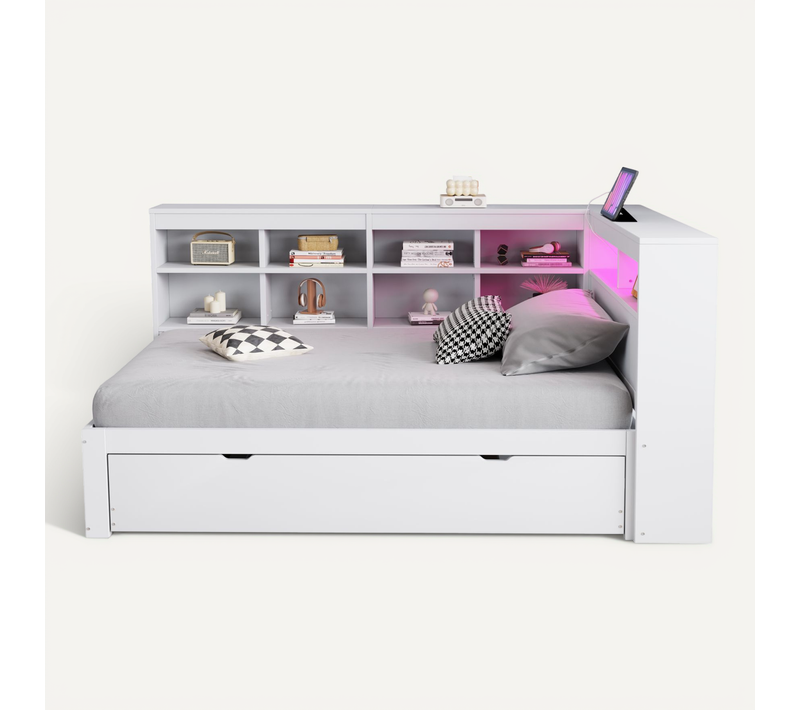 Lit Banquette Blanc 90x200 Cm Avec Lit Gigogne, USB Et LED, Rangements