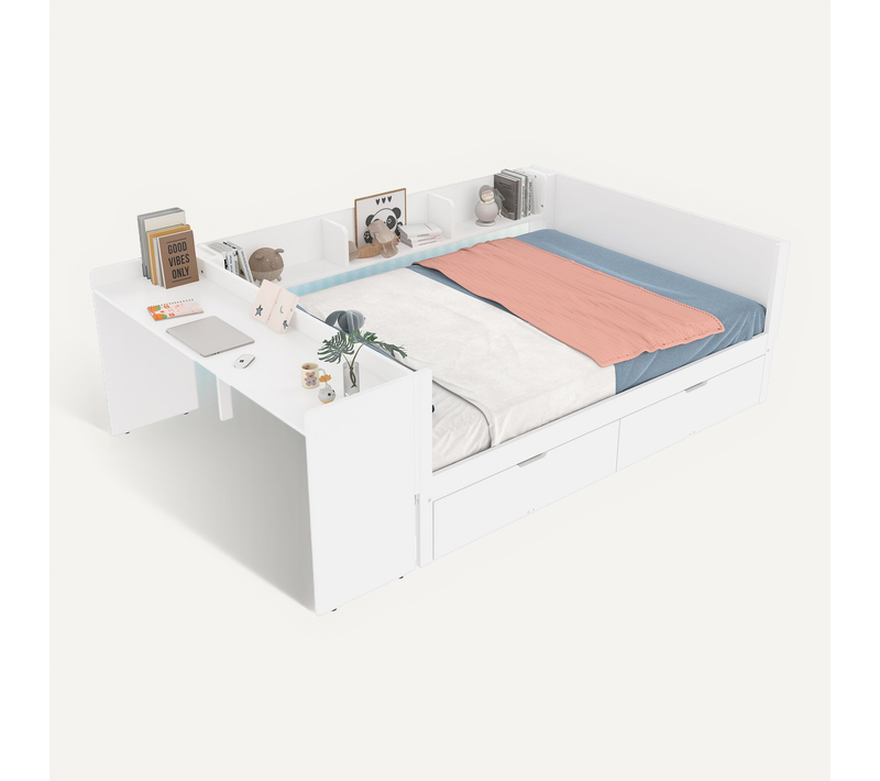 Lit Double Blanc 140x200 Cm Avec Bureau, 2 Tiroirs Et 3 étagères Pour Chambre