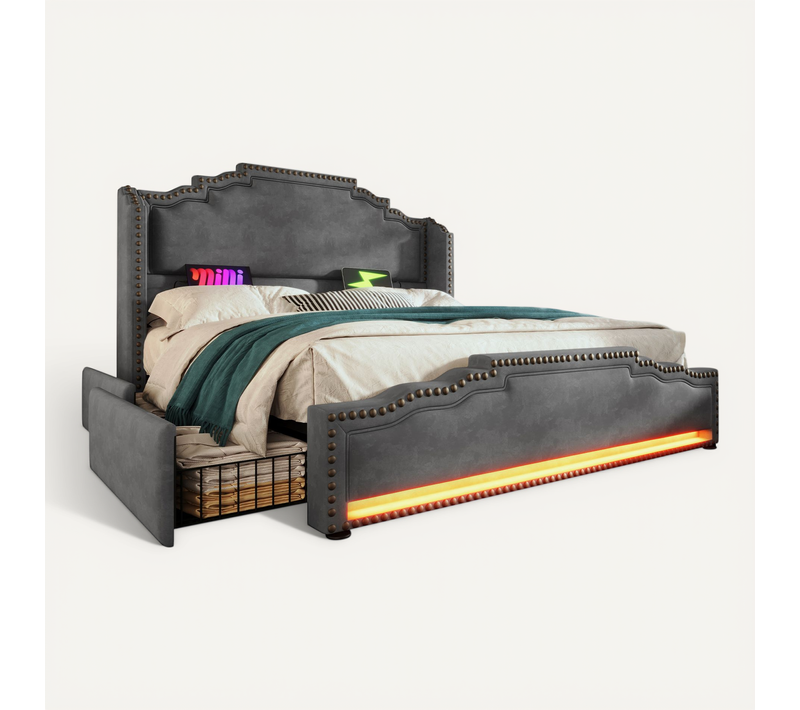 Lit Coffre Velours Gris 160x200 Cm Avec LED, USB/type-c, 4 Tiroirs