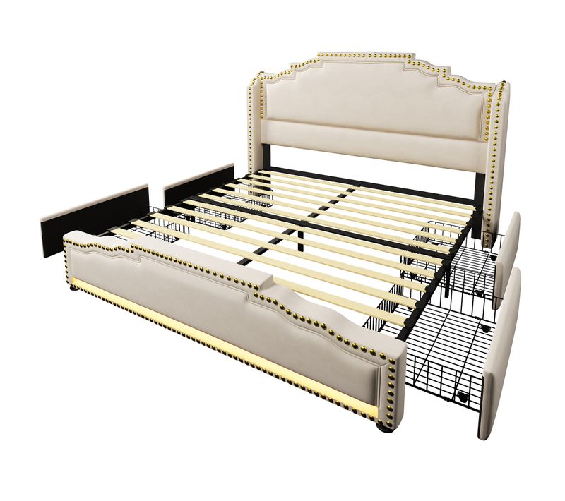 Lit Coffre Beige 160x200 Cm En Velours Avec LED, Ports USB/type-c Et 4 Tiroirs