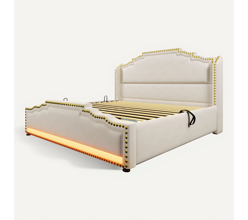 Lit Coffre Velours Beige 140x200 Cm Avec LED Et Ports USB/type-c Pour Chambre