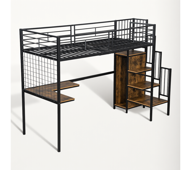Lit Mezzanine 90x200 Cm Avec Structure En Métal Noir Et Mdf Finition Noyer Foncé