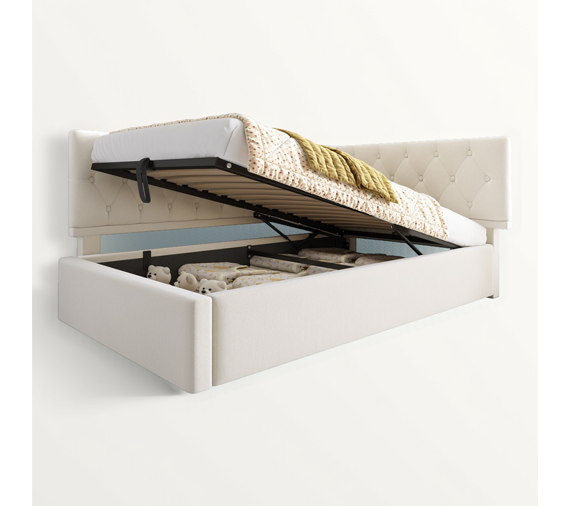 Lit Banquette Velours Beige 90x200 Cm Avec Coffre Hydraulique Pour Chambre