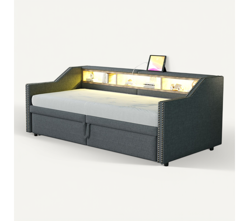 Canapé-lit Tapissé Gris Foncé 90/180x200 Cm Avec Lit Gigogne Pour Petits Espaces