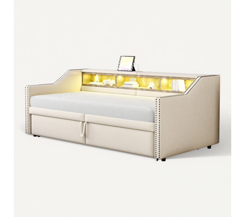 Canapé-lit Convertible Beige 90/180 X 200 Cm Avec Tiroir, LED Et USB