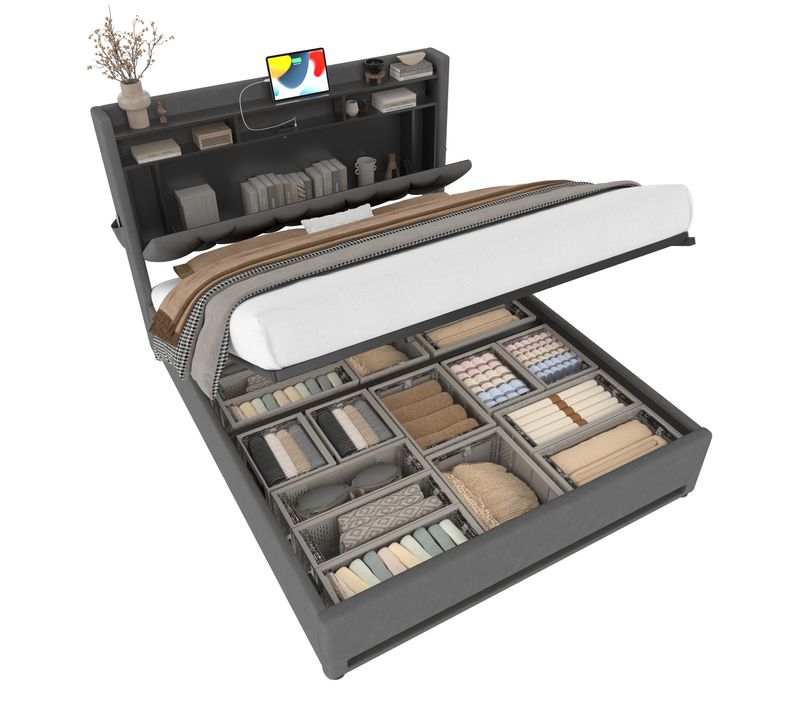 Lit Coffre 140x200 Cm Avec Sommier Relevable Velours Gris Foncé