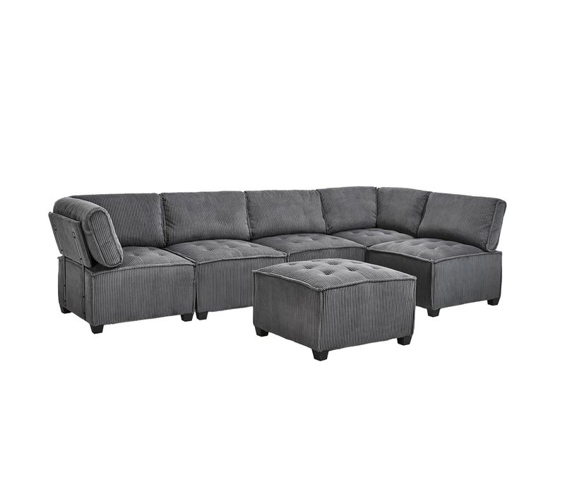 Canapé Modulaire Gris 6 Places En Velours Côtelé Convertible