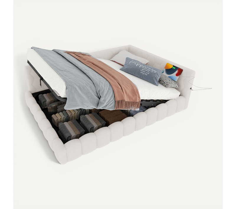 Lit Coffre 140x200 Cm Avec Sommier Relevable Tête De Lit Avec éclairage LED