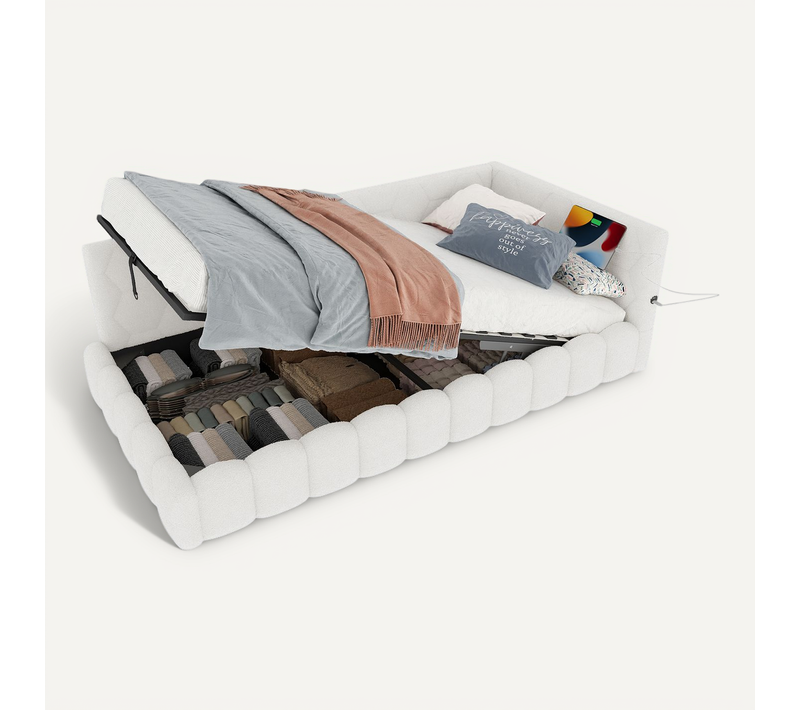 Lit Coffre 90x200 Cm Avec Sommier Relevable Tissu Blanc