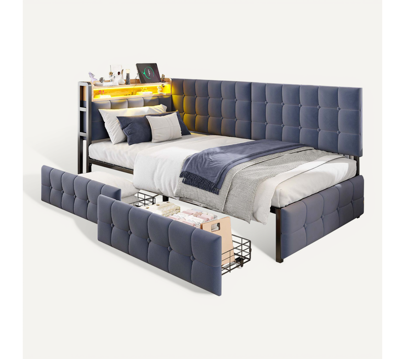 lit enfant 90x200 Cm Avec Cadre En Métal Tissu Gris