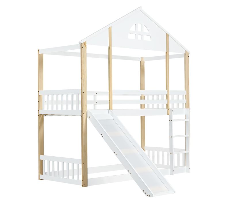 Lit Superposé 90x200 Cm Avec Structure En Bois Massif Et Mdf Blanc + Naturel