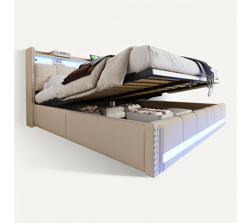 Lit Coffre 180x200 Cm Avec Sommier Relevable Tissu Beige